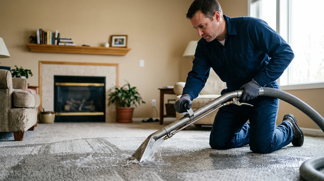 Water damage restoration technician working near Burlington, NJ